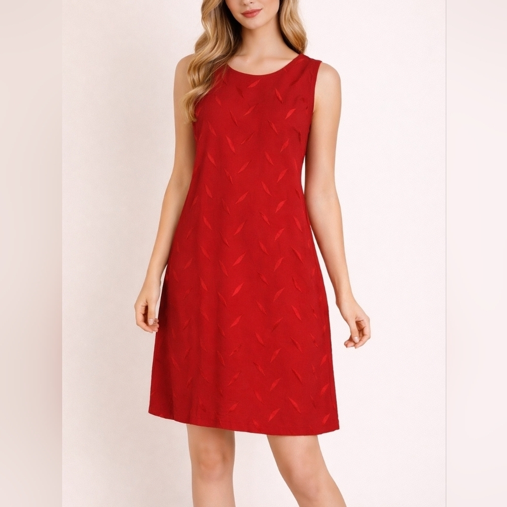 VTG DAWN JOY 1990s Tomato Red Embroidered Sleeveless Holiday Shift Dress